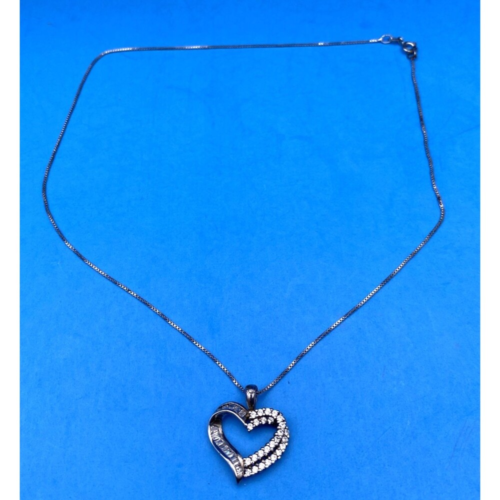 Vintage Sterling Silver 925 CZ Heart Pendant ~18" Italy Box Chain Necklace